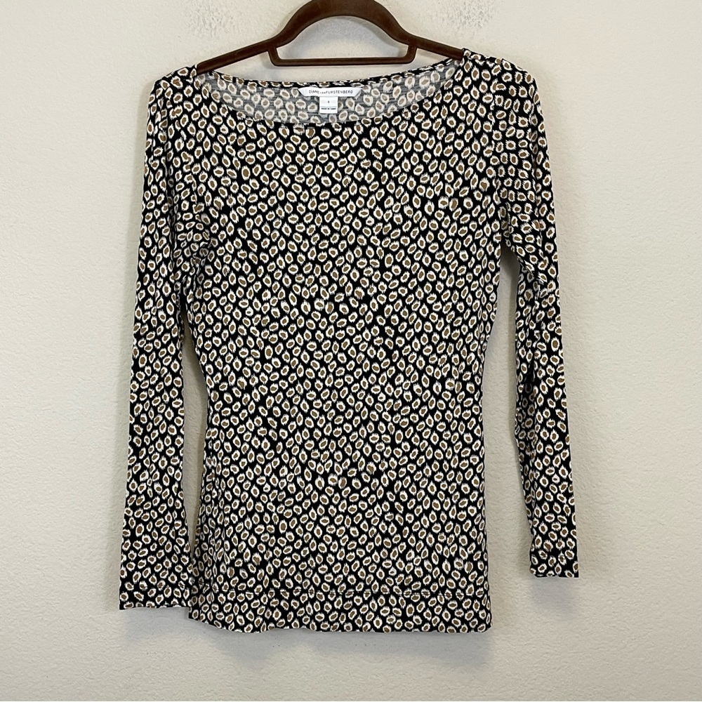 Diane Von‎ Furstenberg Black Animal Print Wool-Silk Boatneck Blouse Size Small